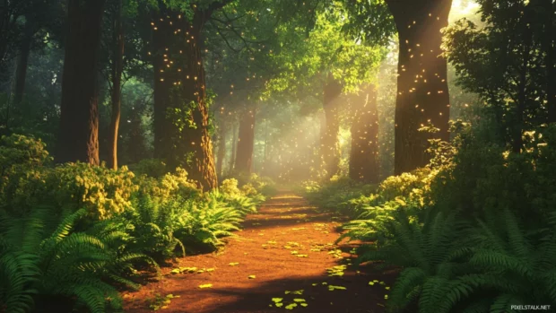 Peaceful forest path lined with ferns and flickering sunlight.