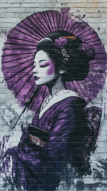 Peaceful geisha outlined in purple mist on calm brick wall.