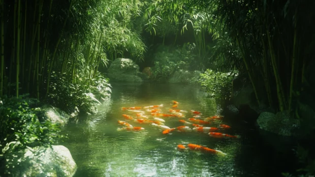 Peaceful koi pond surrounded by bamboo.
