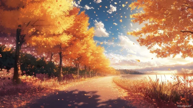 Peaceful landscape perfect for Floral landscape scenery wallpaper, lined with golden autumn trees.