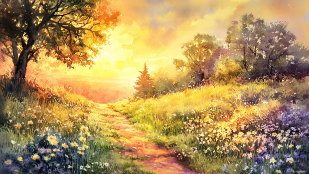 Peaceful meadow path leading towards a glowing watercolor sunset.