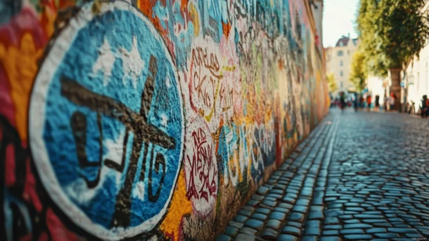 Peaceful riot wall covered in civil rights graffiti quotes.