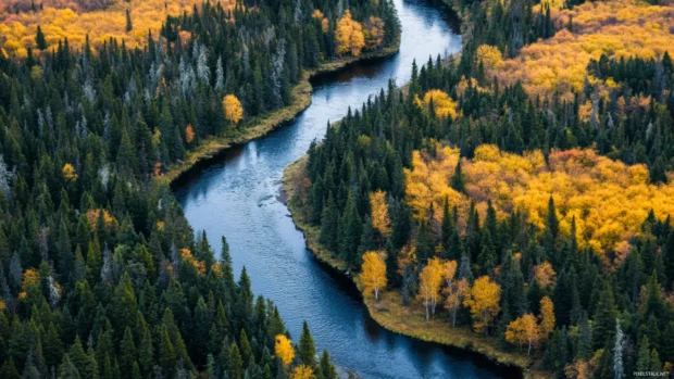 Peaceful river winding through autumn woods, ideal for scenic Fall PC Wallpapers.