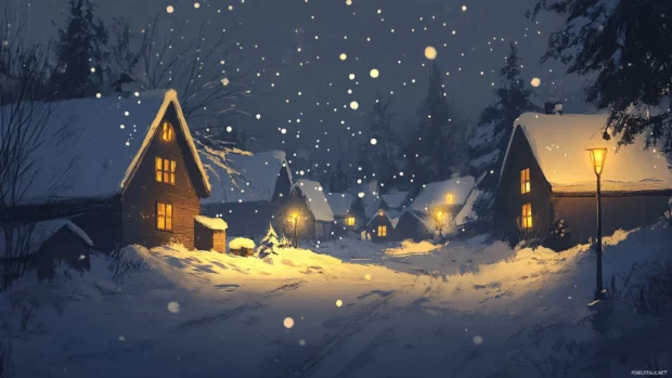 Peaceful snowfall in a quiet village, best suited for winter themed desktop backgrounds.