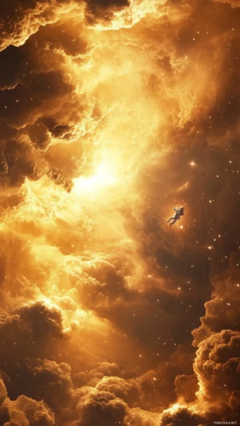 Peaceful spacewalk through celestial clouds and golden light, a calming Astronaut in Space Wallpaper perfect for mobile devices.