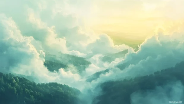 Peaceful valley hidden beneath dense watercolor cloud cover.