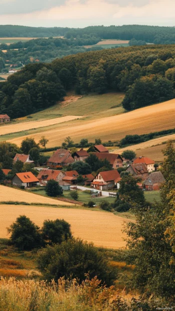 Peaceful village surrounded by pretty fields.