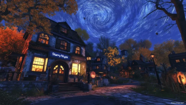 Peaceful village under Van Gogh swirling Starry Night sky, reimagined with soft lighting and bold textures, creating a fusion of classic art and modern landscape.