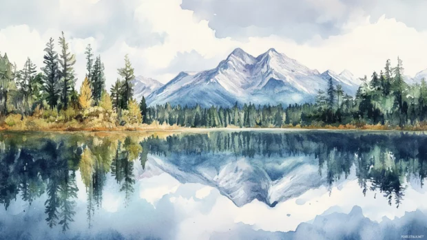 Peaceful watercolor reflections of mountains on a mirror lake.