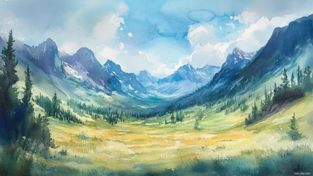 Peaceful watercolor valley framed by towering mountains.