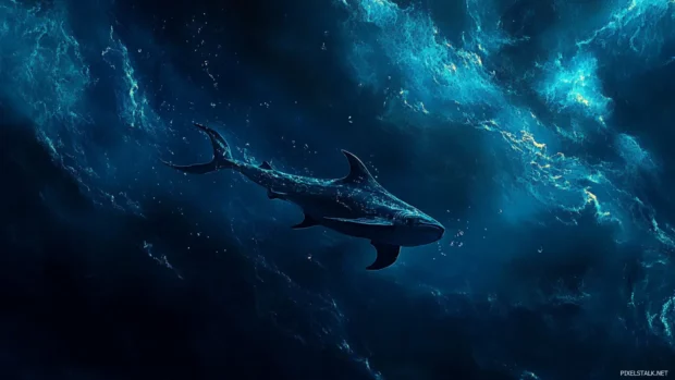 Peaceful whale shark swimming in deep sea featured in premium wallpaper design.