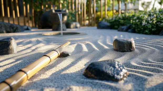 Peaceful zen garden with raked sand patterns, smooth stones, small bamboo fountain.