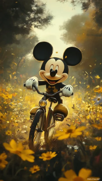 Pedaling a small bicycle through fields of yellow flowers, Mickey Mouse beams with excitement.