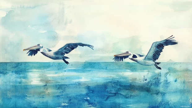 Pelicans gliding over a calm sea illustrated in loose watercolor brushwork.