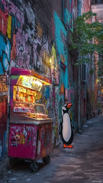 Penguin painted beside ice cream cart in dreamy graffiti alley.