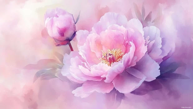 Peony blossoms in pastel watercolor tones, ideal as floral HD backgrounds for desktop screens.