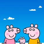 Peppa Pig, George, and friends jumping in muddy puddles, with flowers and a sunny sky.