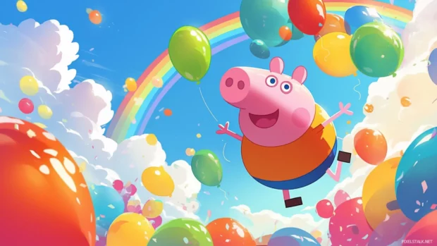 Peppa Pig dancing among rainbow colored bubbles in the sky.