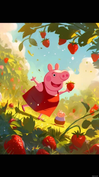 Peppa Pig dancing among strawberry bushes in a sunny meadow.