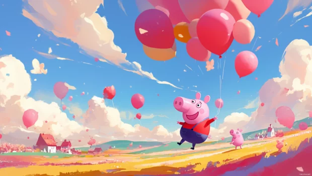 Peppa Pig floating with balloons over a pink countryside.