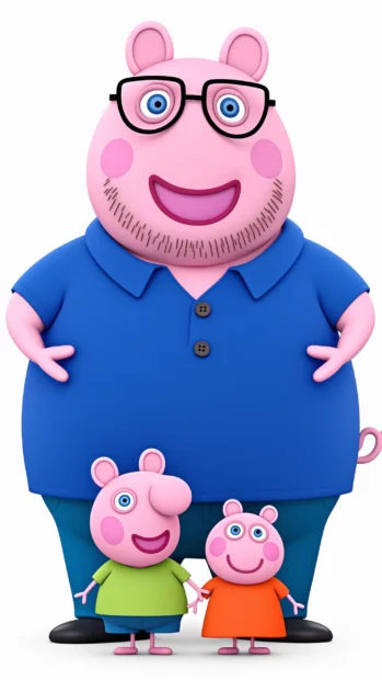 Peppa Pig jumping in muddy puddles with her brother George and their friends, surrounded by bright flowers and a sunny sky.