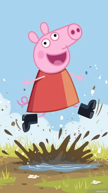 Peppa Pig jumping in muddy puddles with pink boots and a big smile.