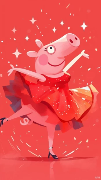 Peppa Pig twirling in a frilly dress with sparkles in the air.