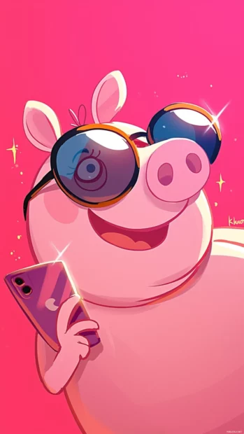 Peppa Pig wearing shades and snapping selfies in a pink club.