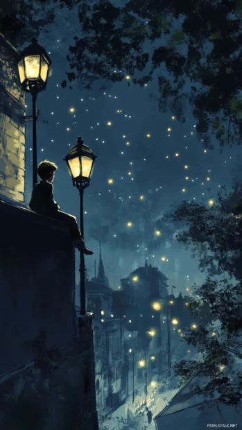 Perched on a wall, the boy gazes at the night sky peppered with streetlights.