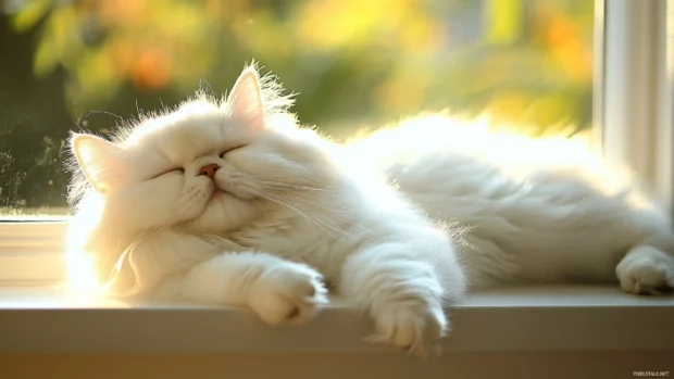 Persian cat stretching under golden light on a windowsill.