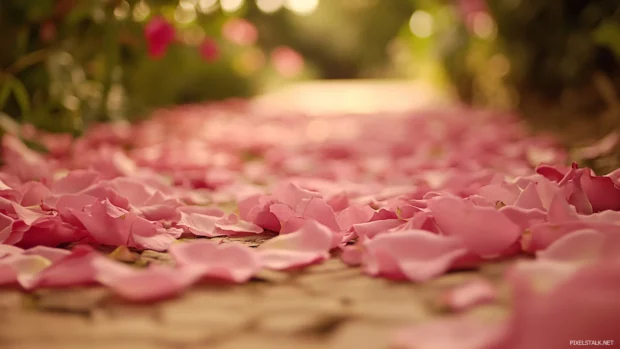 Petals from pretty roses covering a hidden garden path.