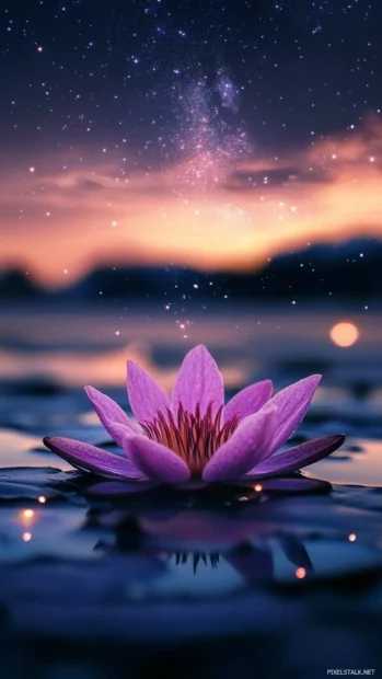 Petals glowing beneath dreamy star fields.