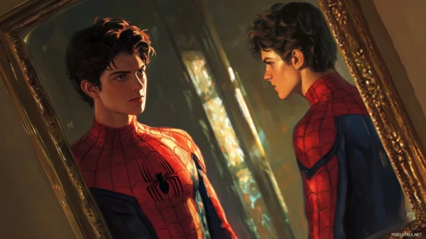 Peter Parker in half suit transformation pose near a mirror.
