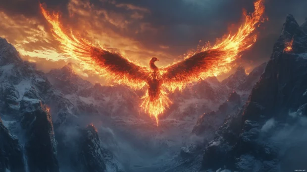 Phoenix reborn in flames over mountain peaks, featured in top fantasy wallpapers for PC 4K.