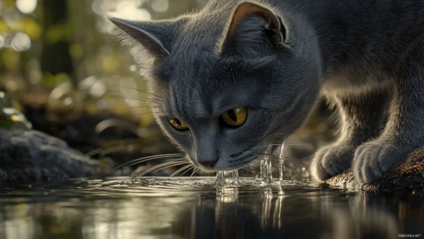 Photorealistic grey cat drinking from a still pond.