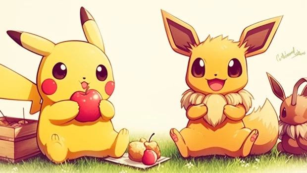 Pikachu, Eevee, and Pokémon friends having a picnic, playing games, and enjoying snacks under a clear sky.