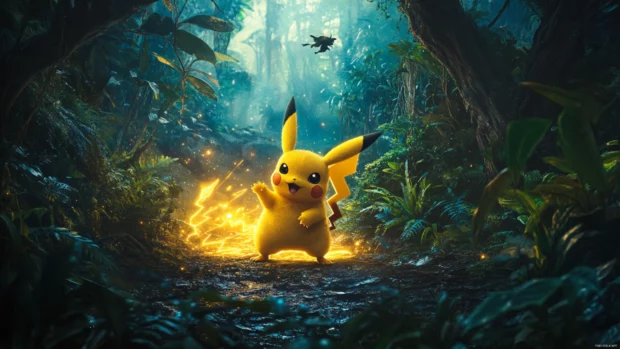 Pikachu Wallpaper 4K for Desktop showing Pikachu charging Thunderbolt in a lush forest with glowing effects.