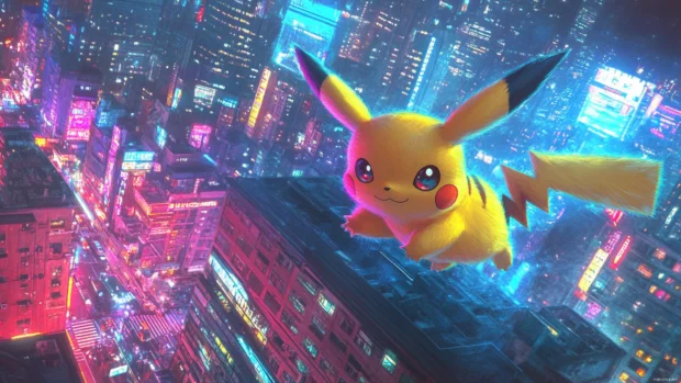Pikachu Wallpaper HD featuring Pikachu jumping across rooftops under a neon city sky.