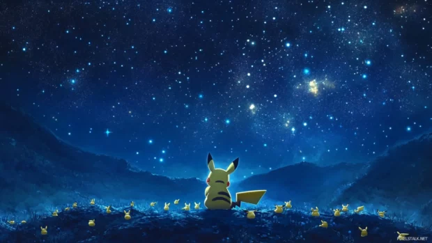 Pikachu Wallpaper featuring Pikachu surrounded by tiny Pichus under a starlit sky.