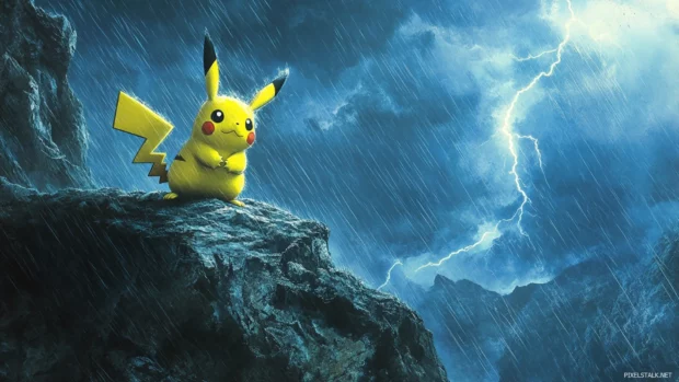 Pikachu Wallpaper showing Pikachu standing heroically on a cliff during a thunderstorm.