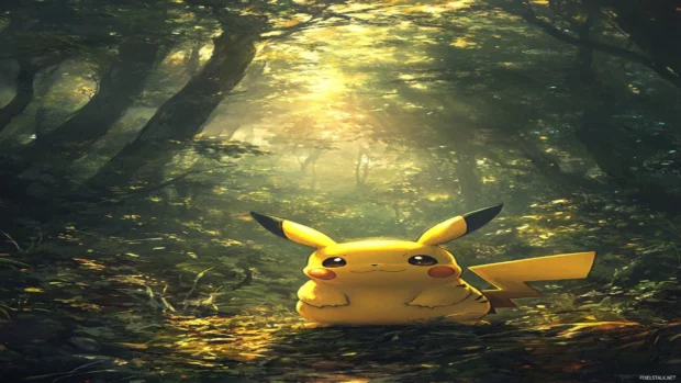 Pikachu Wallpaper with a forest background where Pikachu glows gently in the shadows.