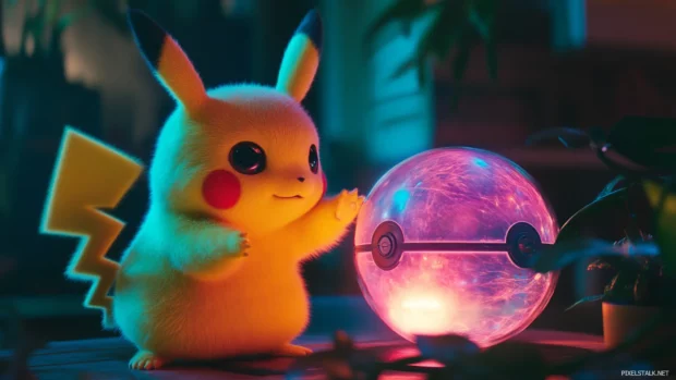 Pikachu Wallpaper with soft lighting as Pikachu reaches out to touch a glowing Poké Ball.