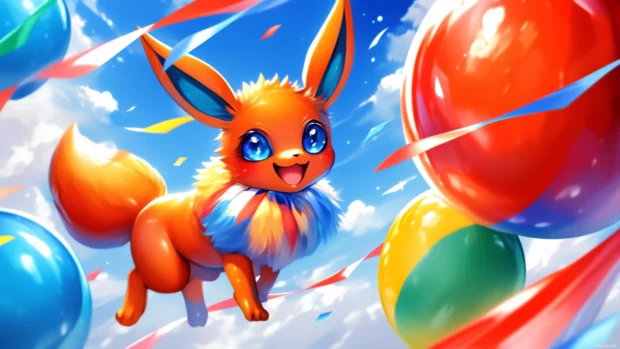 Pikachu and Eevee at a Pokémon picnic with friends, enjoying snacks and playing games in the sunshine.