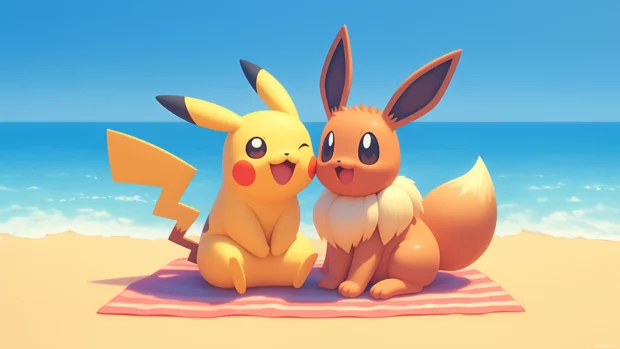 Pikachu and Eevee having fun at a Pokémon picnic with other Pokémon friends, enjoying snacks and playing games under a clear sky.