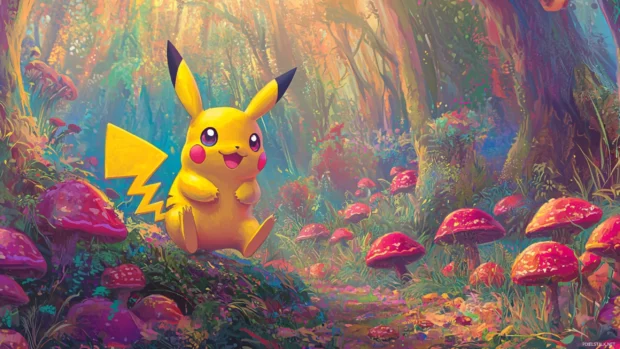 Pikachu bounces playfully on mushrooms in a colorful fantasy forest.