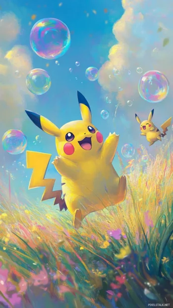 Pikachu chases bubbles in a rainbow field with Pichu laughing in the background.
