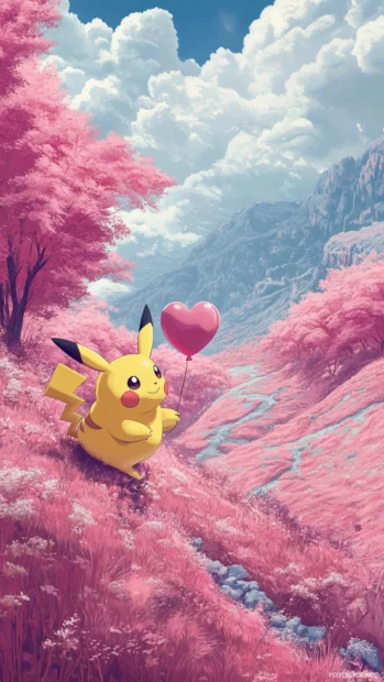 Pikachu clutches a heart shaped balloon while floating over a pink valley.