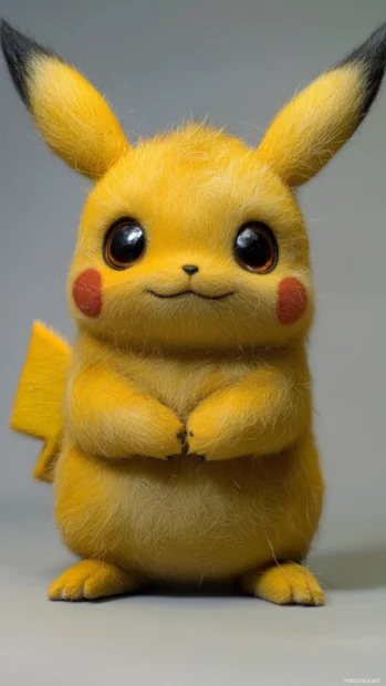 Pikachu crouches ready to pounce with a playful look on a clear background.