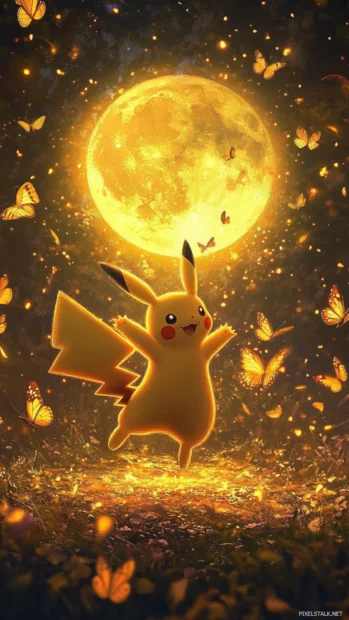 Pikachu dancing in a circle of butterflies under a glowing moon, creating a magical Cute Pikachu Wallpaper.
