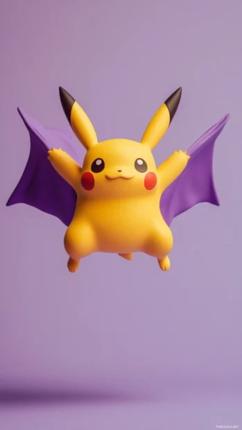Pikachu does a dramatic superhero landing pose on a flat violet background.